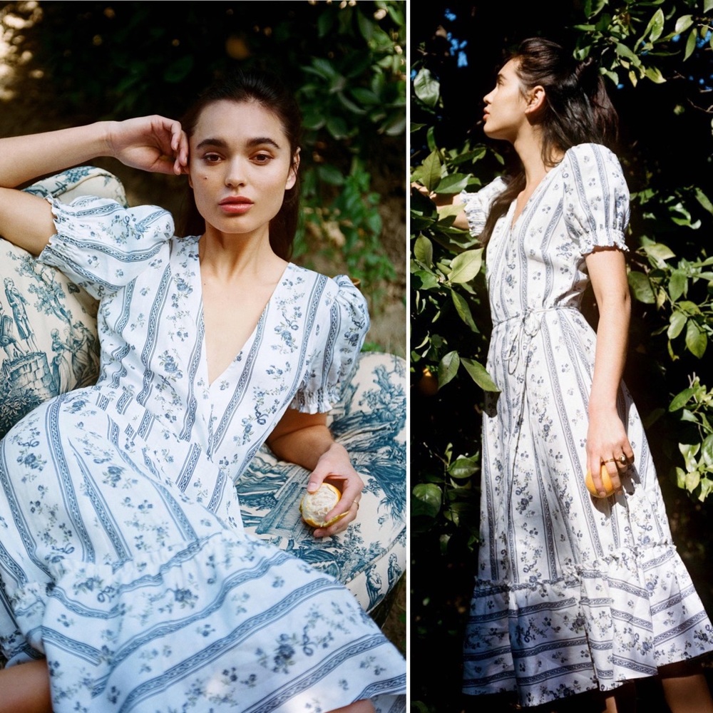 White Floral Midi Dress with Puff Sleeves